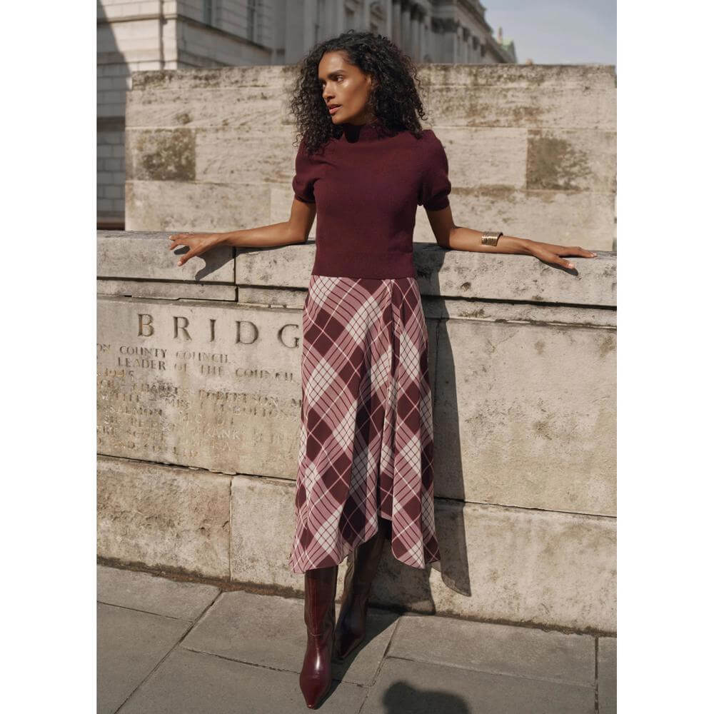 Mint Velvet Burgundy Checked Layered Midi Dress